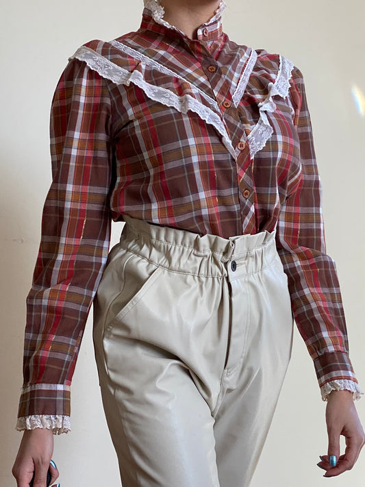 70's Western Style Ruffle Lace Blouse (S)