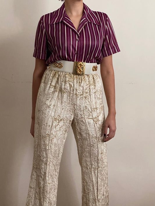 70's Striped Short Sleeve Button Up Top (M)