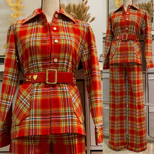 70's 2Pc Plaid Pantsuit W/ Pockets (S, 26"W)