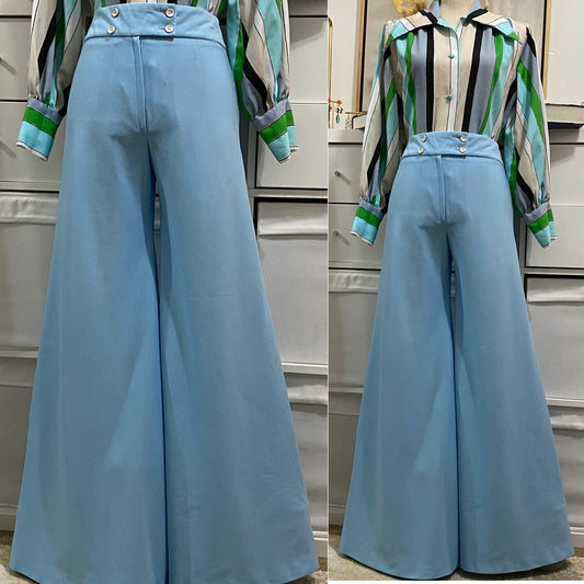70's Mid-High Rise Light Blue Bell Bottom Flare Pants (S-M, 28"W)