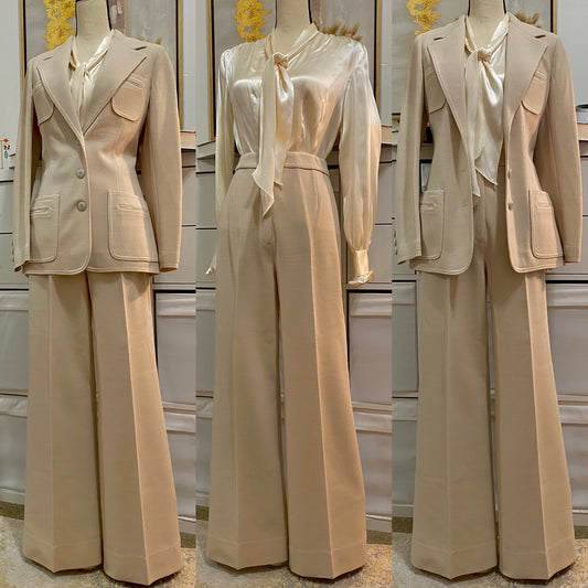 60's Beige 2-Piece Set - Blazer Jacket & High-Rise Bell Bottoms (S-M)