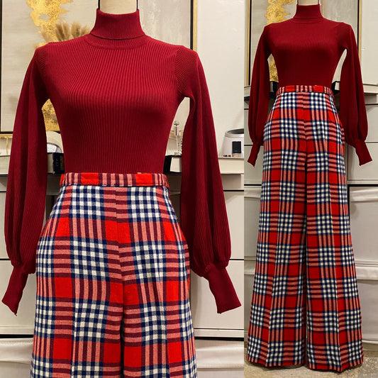 60's-70's Plaid High Rise Wide Leg Pants (M, 28"W)
