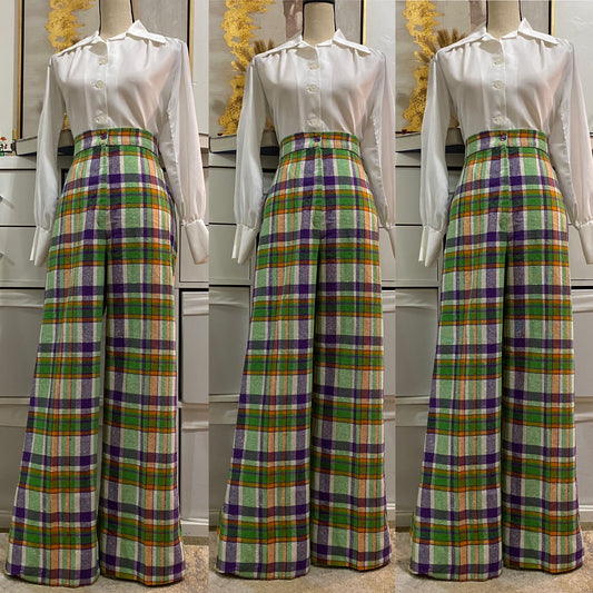 70's High Rise, Wide Leg, Bright Plaid Pants (M-L, 29"W)