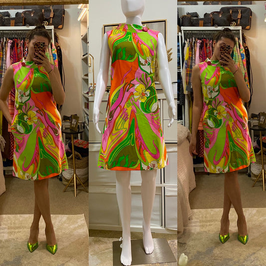 60s-70s Abstract Floral Mod Shift Dress (M)