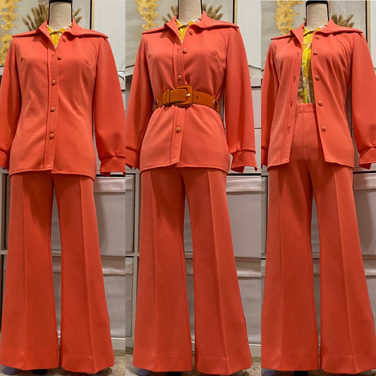 60s-70s 2-piece Coral Pantsuit - Jacket Shirt & Wide Leg Bell Bottoms (S-M)