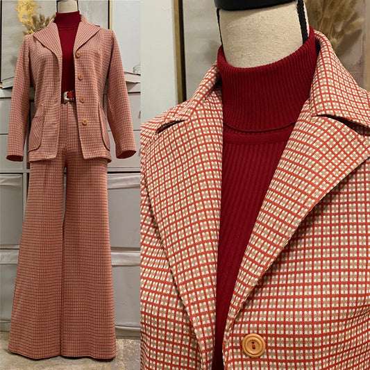 70s Subtle Grid/Check 2PC Pantsuit (S-M, 27"-35"W)