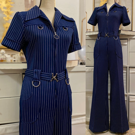 70'S Navy Blue Striped Wide Leg Bell Bottom Jumpsuit (M-L)