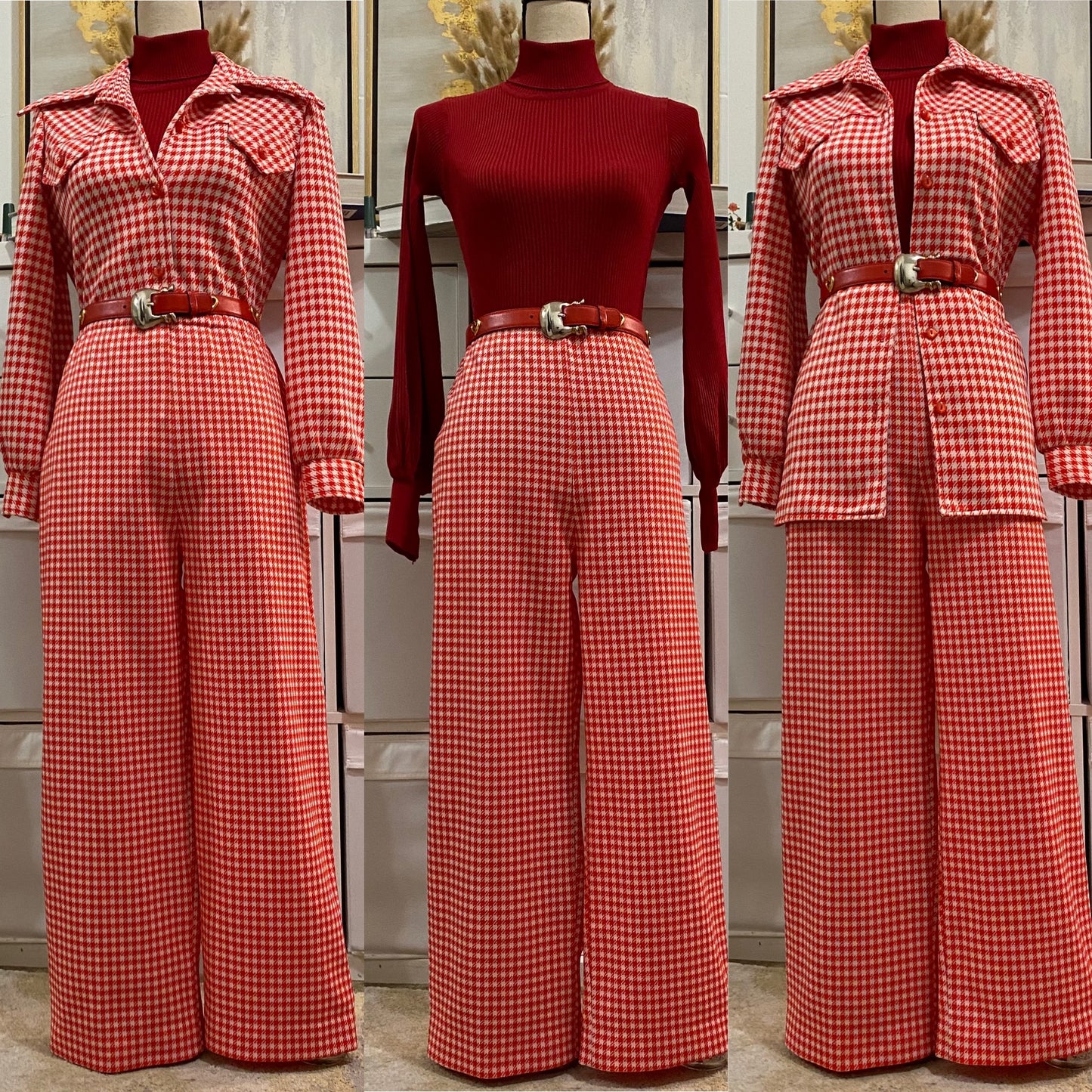 70s Houndstooth 2PC Cropped/Ankle Leisure Pantsuit (M-L, 30"-33"W)