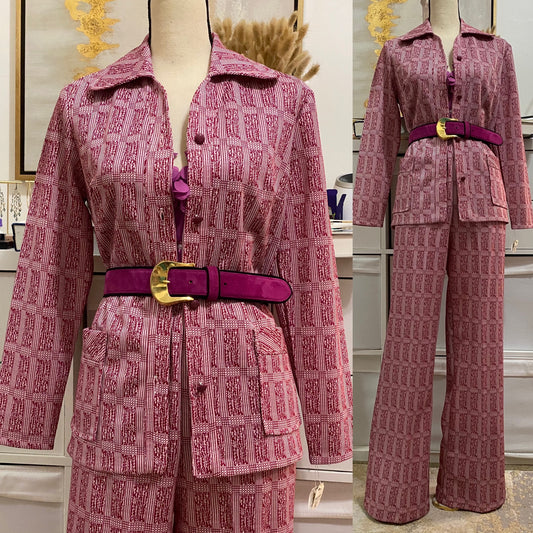 70's Deadstock Purple Mauve Abstract Wide Leg 2Pc Pantsuit (S-M)