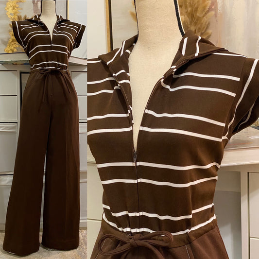 70s Chocolate Brown Stripes, Zipper Front Jumpsuit (M, 32"W)