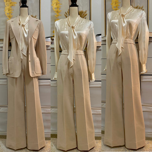 60's Beige 2-Piece Set - Blazer Jacket & High-Rise Bell Bottoms (S-M)