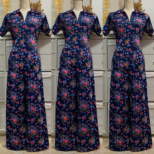 70's Floral, Zipper Front Wide Leg Jumpsuit (M-L)