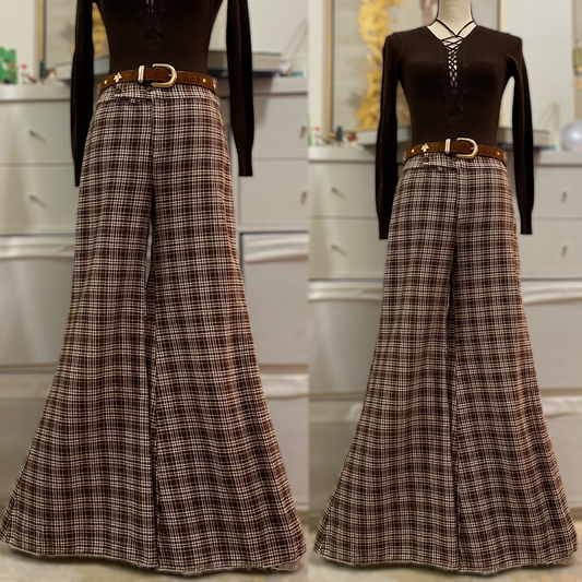 70s Plaid Midrise Bell Bottom Flare Cotton Pants (M, 29"W)
