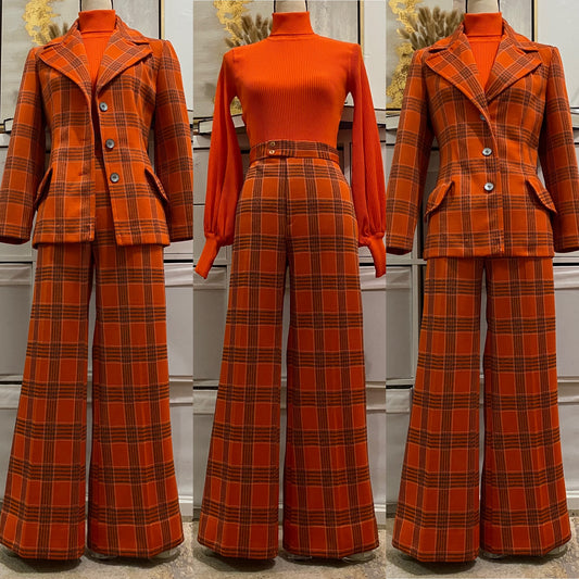70's Plaid 2Pc Wide Leg Pantsuit (M, 31"-34"W)