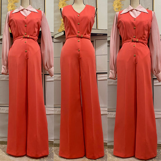 70's 3-Piece Set; Wide Leg Jumpsuit, Blazer & Belt (M)