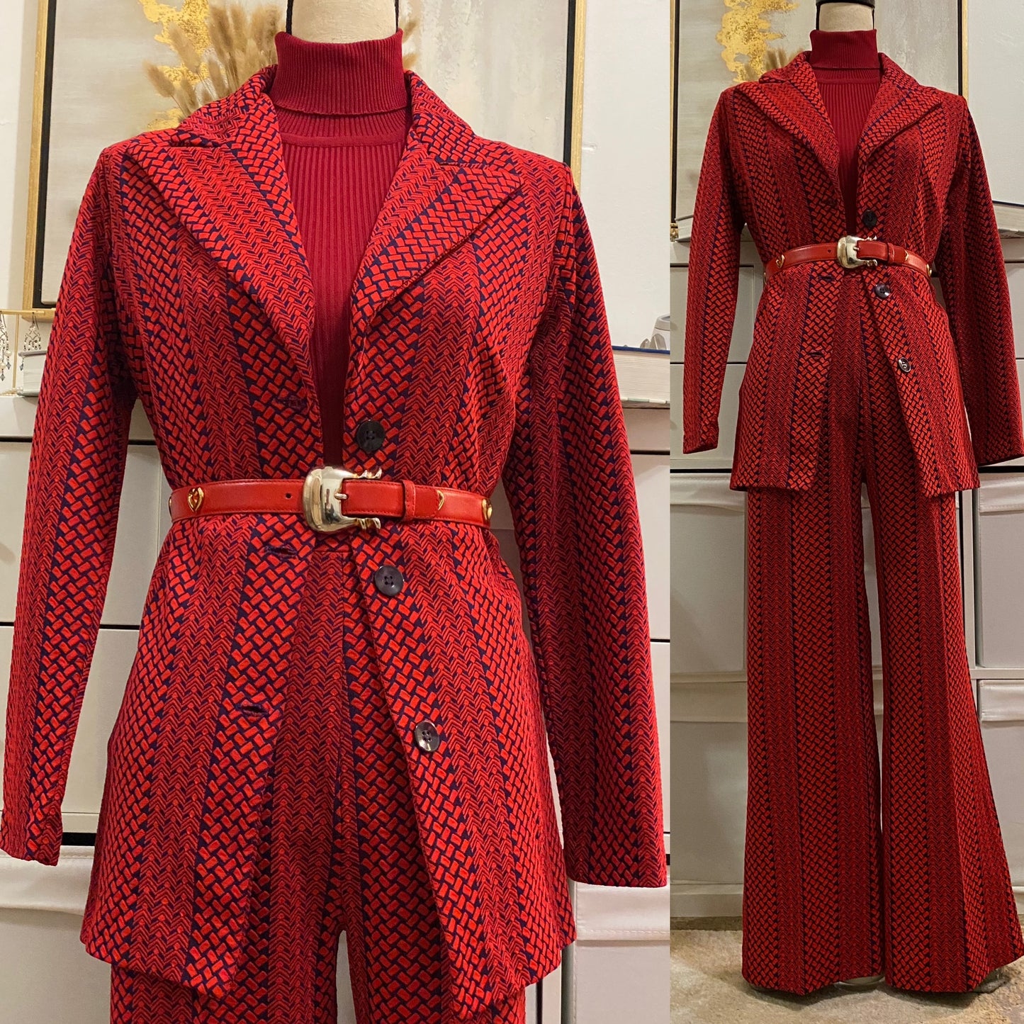 60's-70's Abstract, Rich Red 2Pc Pantsuit (L, 30"-34"W)