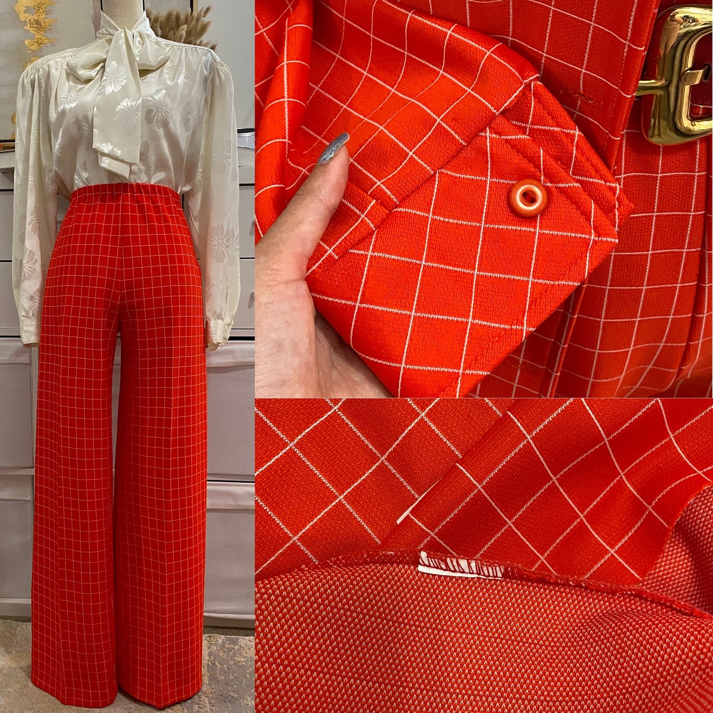 70's Red Windowpane 2pc Wide Leg Pantsuit (S-M)