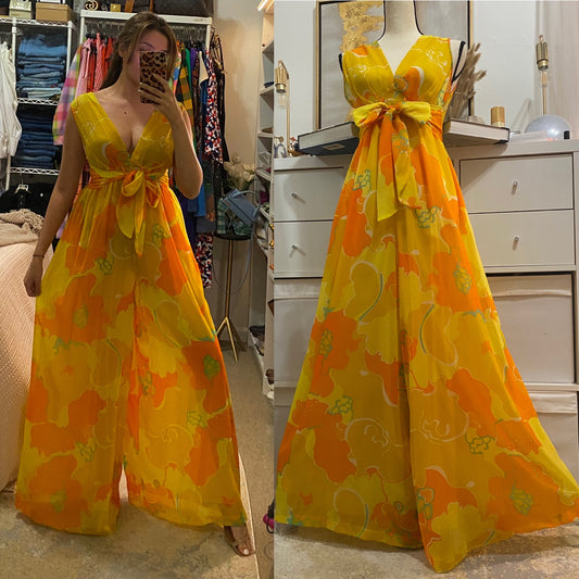 60's-70's Sheer V-Neck Palazzo Jumpsuit (S-M)
