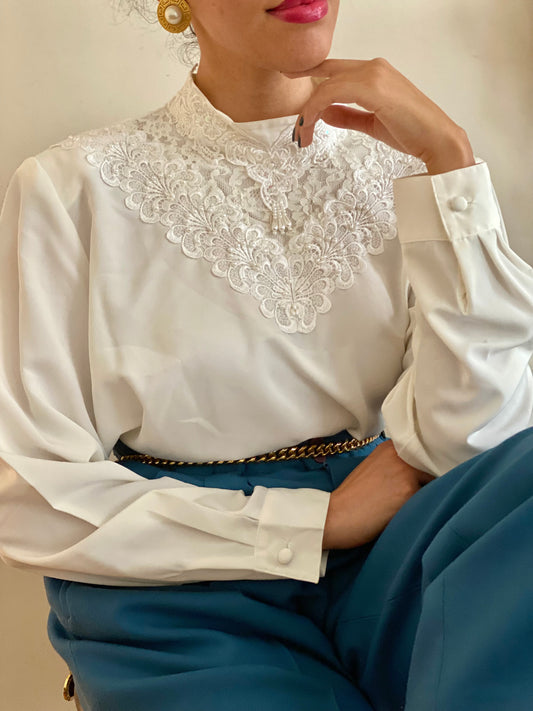 Lace & Pearl Accents Long Sleeve Blouse