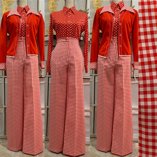 70's Deadstock Gingham Checkered Wide Leg  2pc Pantsuit (S-M)