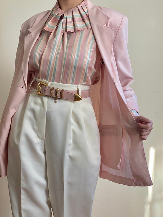 70's ILGWU Pastel Striped Round Pleated Collar Long Sleeve Blouse (S)