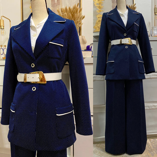 70's Swiss Dot 2PC Wide Leg Pantsuit (Large)