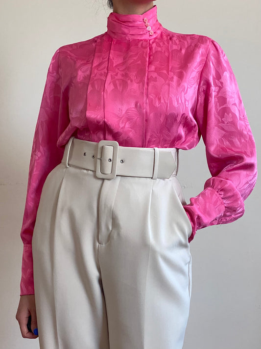 80's Satin Floral Pleated Button-Down Blouse (S-M)