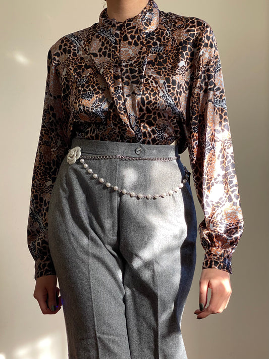 80's Animal Print Mock Neck Long Sleeve Blouse (M)