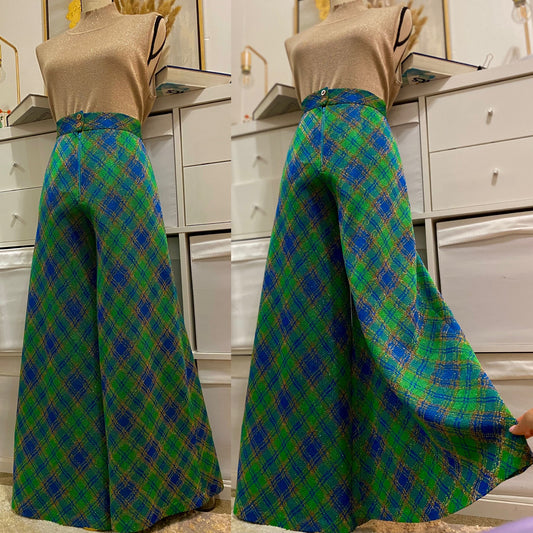 70's Glimmer Plaid High Rise Palazzo Wide Leg Pants (S)