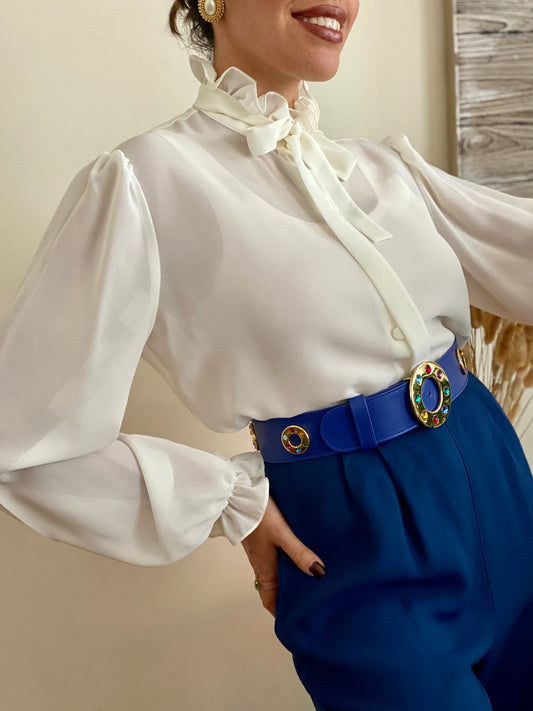 Ruffle high mock neck long sleeve blouse