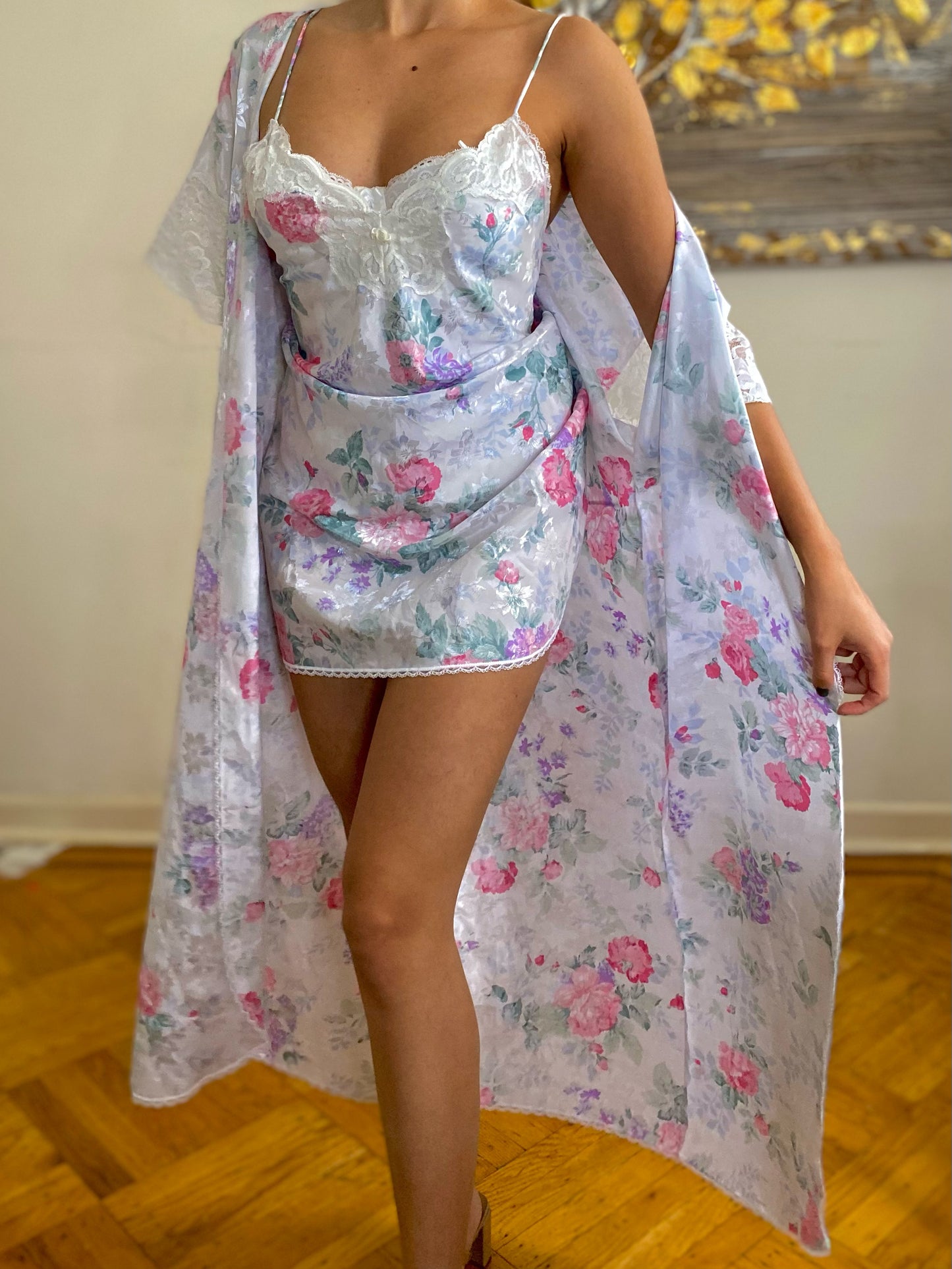 80's Floral Full Length Robe & Slip Set (M)