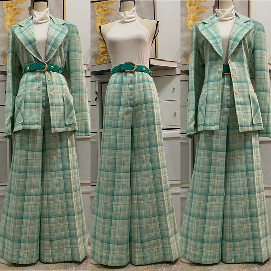 70s 2PC Plaid, Wide Leg Pantsuit (L-XL, 32"W)