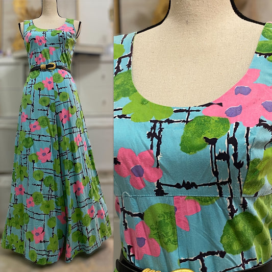 60s 70s Cotton Floral Wide Leg Jumpsuit (M-L, 34"W)