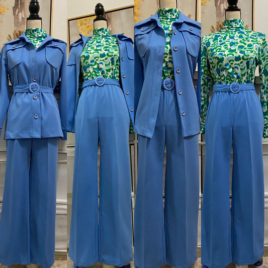 70’s 2-piece Set (Dagger Collar Jacket Shirt & High Rise Wide Leg Bottoms) (S-M)