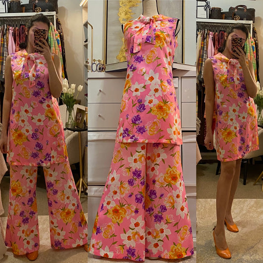 60's Floral Pantsuit - Mini Dress Top & Flared Bell Bottoms (S-L)