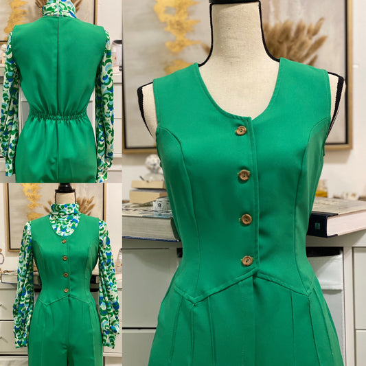 70's Green Tuxedo Wide Leg flare Bell Bottom Jumpsuit (XS-M)