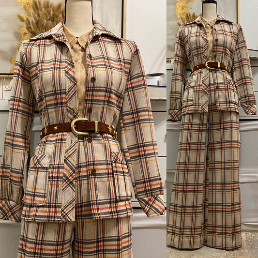70's Plaid Tan 2Pc Pantsuit (M, 28"-32"W)