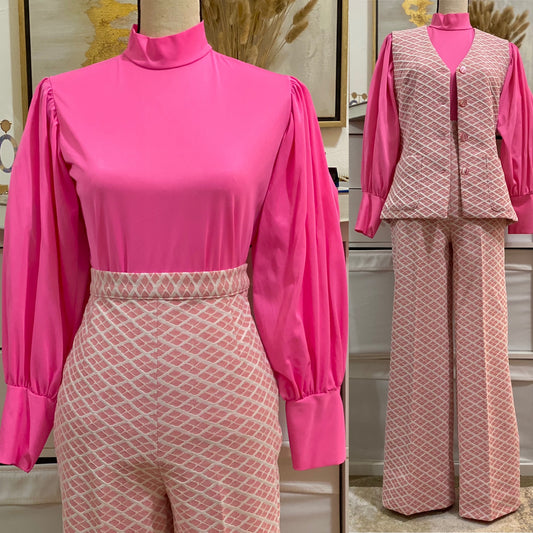 70's Pink 2-Piece Set - Sleeveless Vest & Wide Leg Bell Bottoms Pantsuit (S-M)