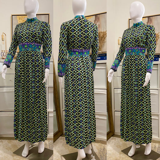 60s-70s Mock Neck Maxi Dress Abstract Neon Colors Cotton (XS-S)