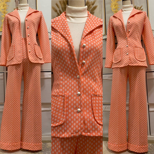 60s-70s 2-piece Polka Dot Pantsuit - Blazer & Wide Leg Bell Bottoms (XS-S)
