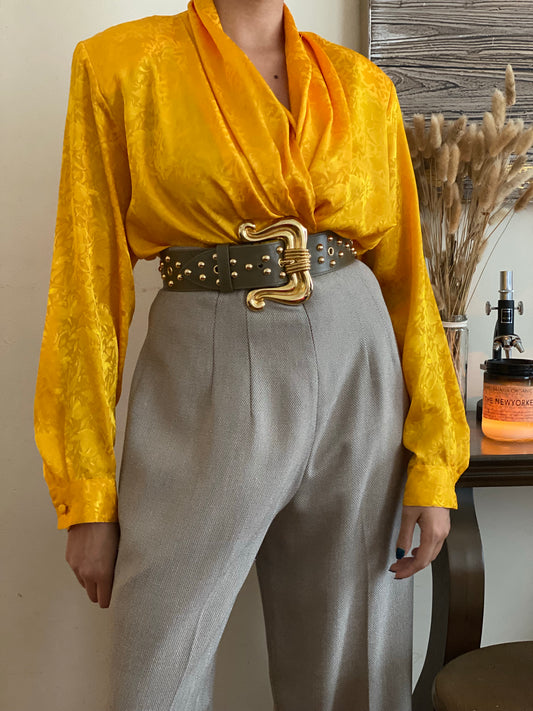 Liquid Satin Gold Draped/Shawl Collar Blouse