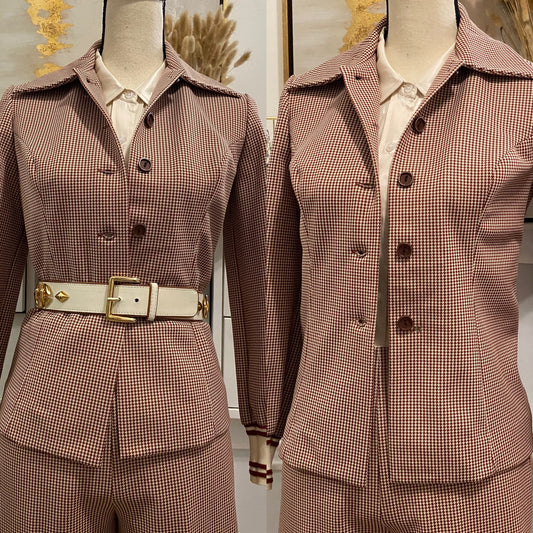 60's-70's Brown Hounds tooth Wide Leg Pantsuit (S, 27"W)