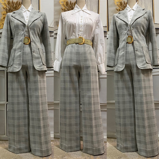 70's Plaid Houndstooth 2PC Wide Leg Pantsuit (S-M)