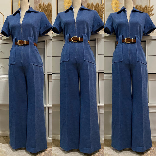 70's Denim Look Wide Leg Jumpsuit w/ Zippered Front (L)