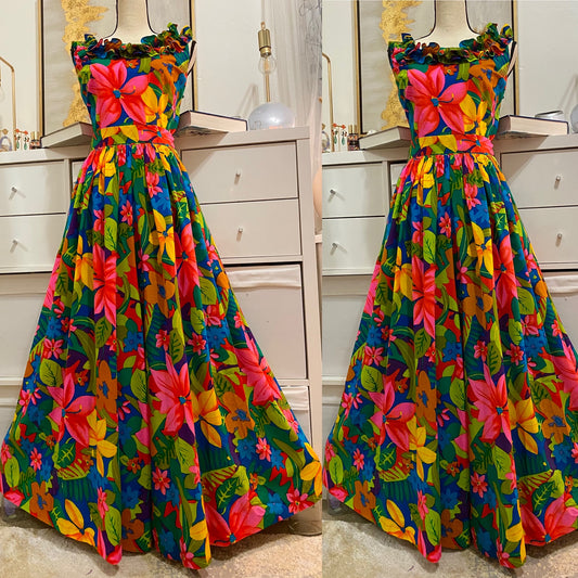 60’s-70’s Multicolor Floral Palazzo Jumpsuit (M)