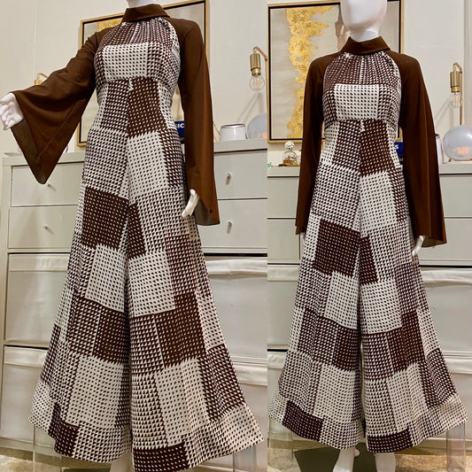 70's Brown Patchwork Mesh Bell Bottom Jumpsuit (M-L)