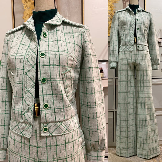 70s Grid 2PC Pantsuit - Cropped Jacket & Flared Pants (XS-S)