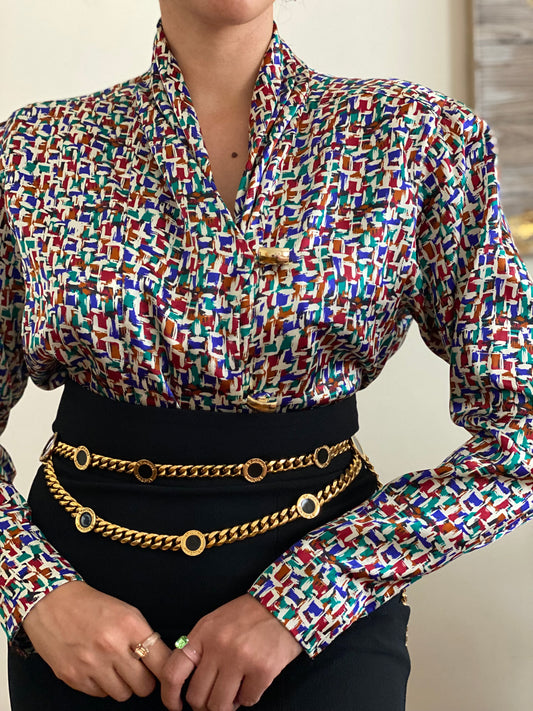 Satin Shawl Collar Long Sleeve Blouse with Multi-Color Abstract Pattern