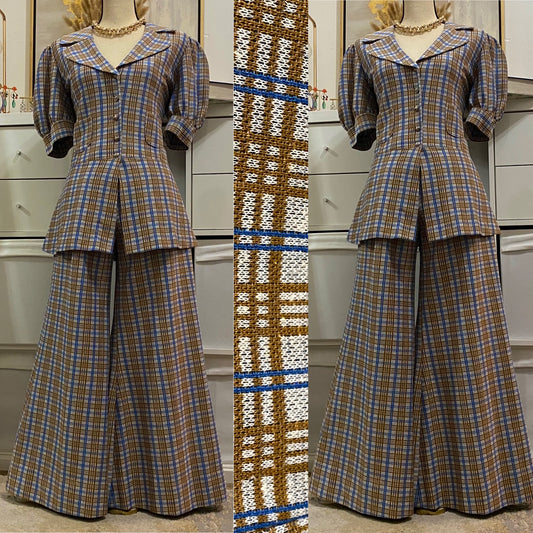 70's does 40's Plaid 2pc Bell Bottom Pantsuit (M-L, 27"-34"W)