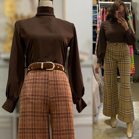 70s Mocha Puffy Sleeve, Mock Neck Blouse (S-M)